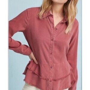 Anthropologie Cloth & Stone Womens Rose Button-Up Peplum Shirt W/Frayed Hem XS